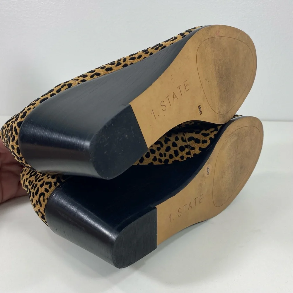 1. State Eren Cheetah Print Tan Suede Leather V Cut Vamp Peep Toe Wedges Heels 9